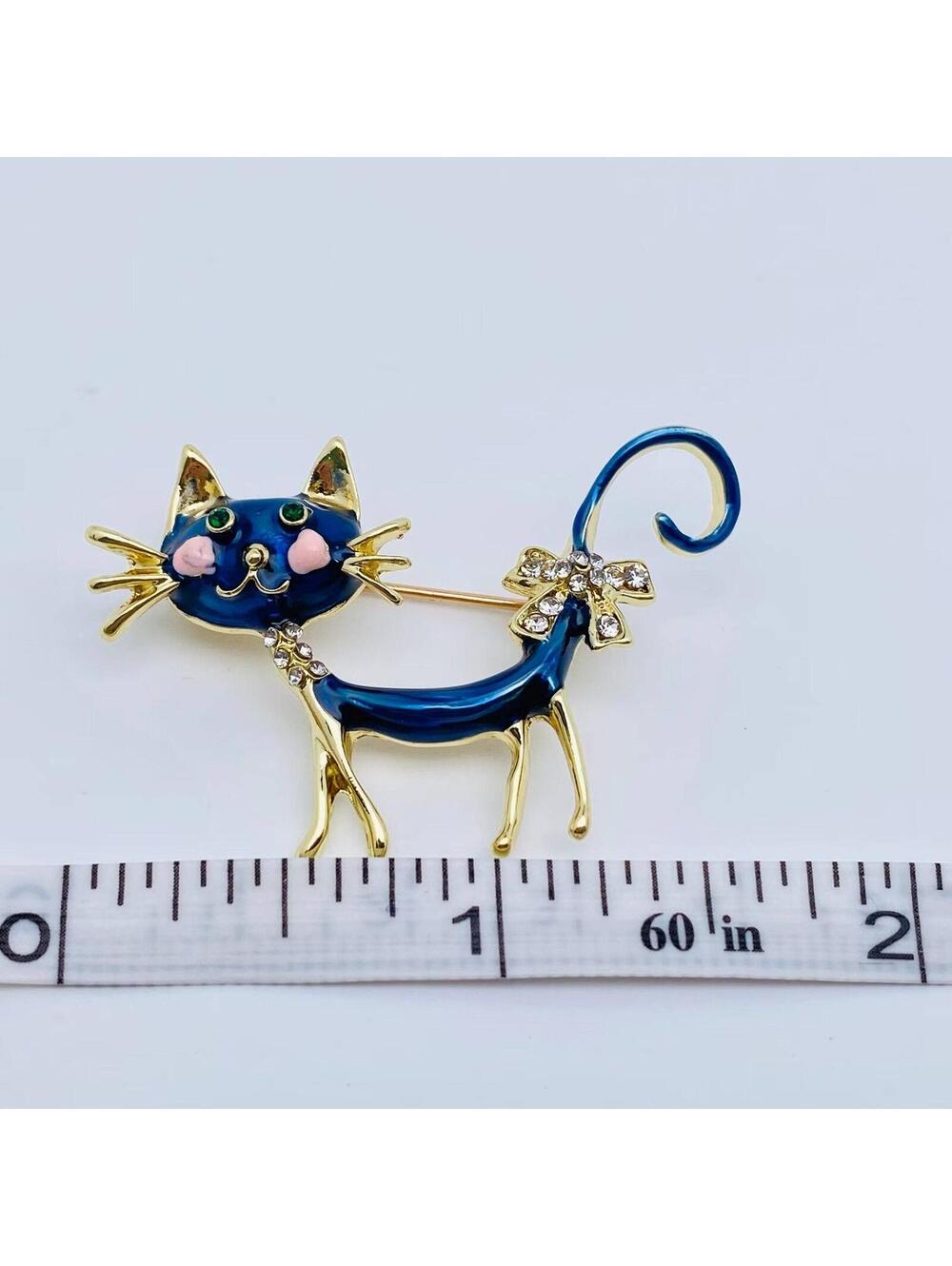 Blue Enamel Cat Brooch with Rhinestone Accents
